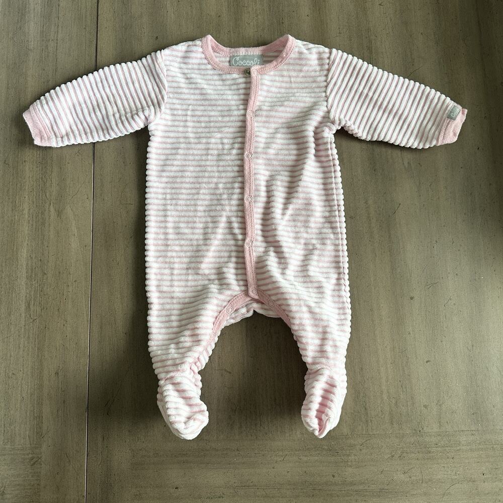Coccoli Pink White Stripe Velour Snap Front Footie-1 Mo Girl